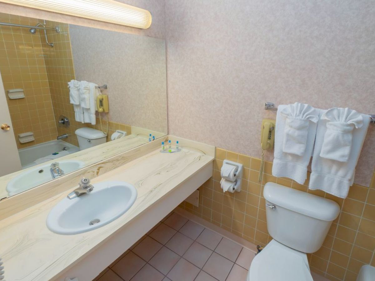 A bathroom with a mirror, sink, toilet, bathtub, towels, and toiletries is shown in the image.
