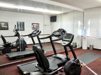 A small gym with treadmills, mirrors on the wall, posters, a water dispenser, and a trash can. The room has red carpet flooring.