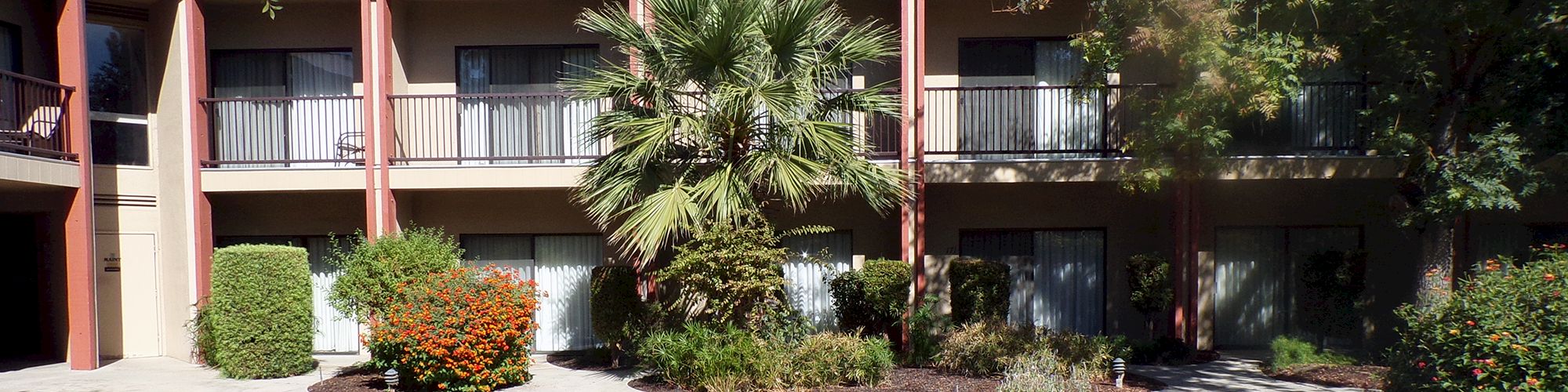 An image of a two-story building with trees and bushes in the courtyard, seen under a clear blue sky.